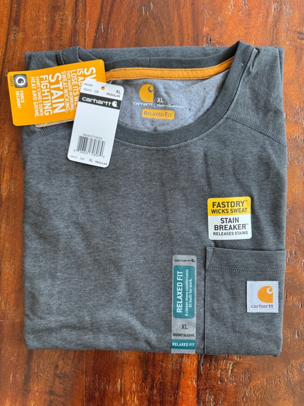 Carhartt Gray Short Sleeve Tee with Orange Trim and Logo
